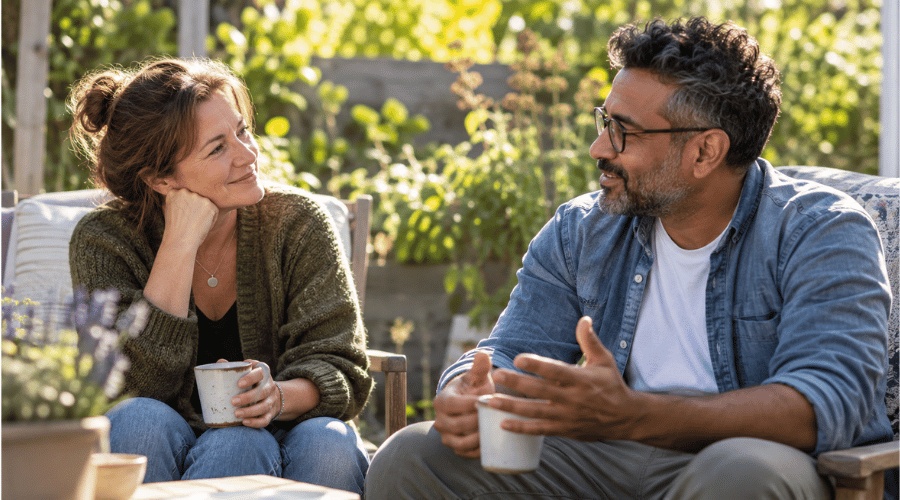 Lotgenoten in gesprek in tuin